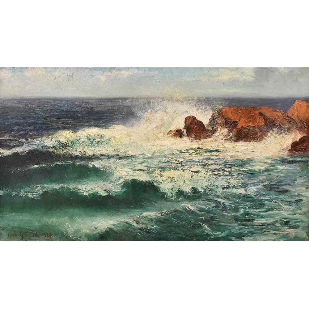 Art Deco Painting, Léon Galand, Marine, Seascape, Waves And Rocks, 20th Century photo for sale
