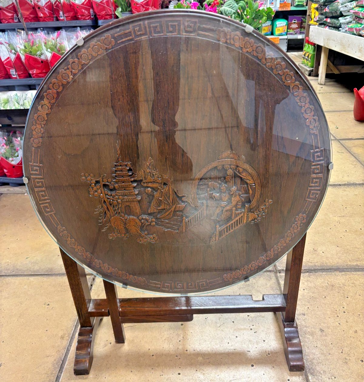 Vintage Chinese Wooden Hand Carved Tilt Top Table With Glass Top