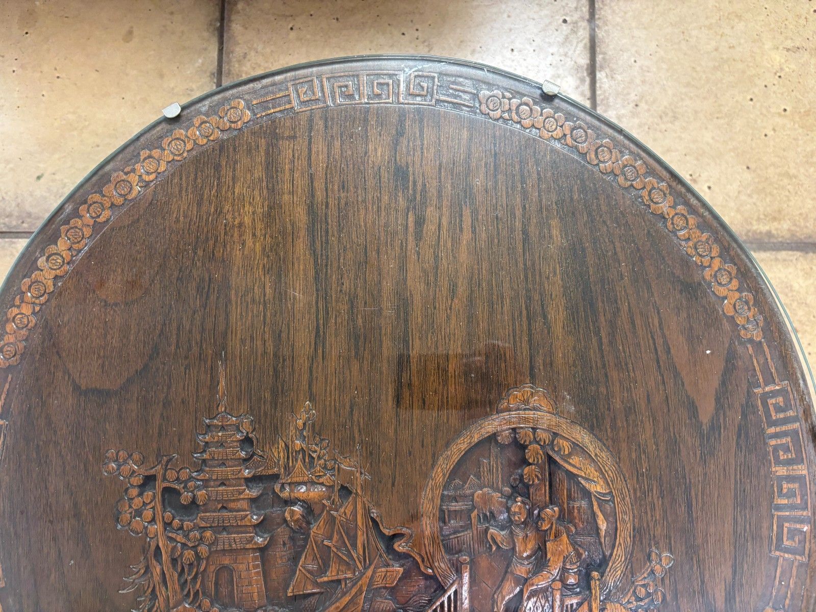 Vintage Chinese Wooden Hand Carved Tilt Top Table With Glass Top photo for sale