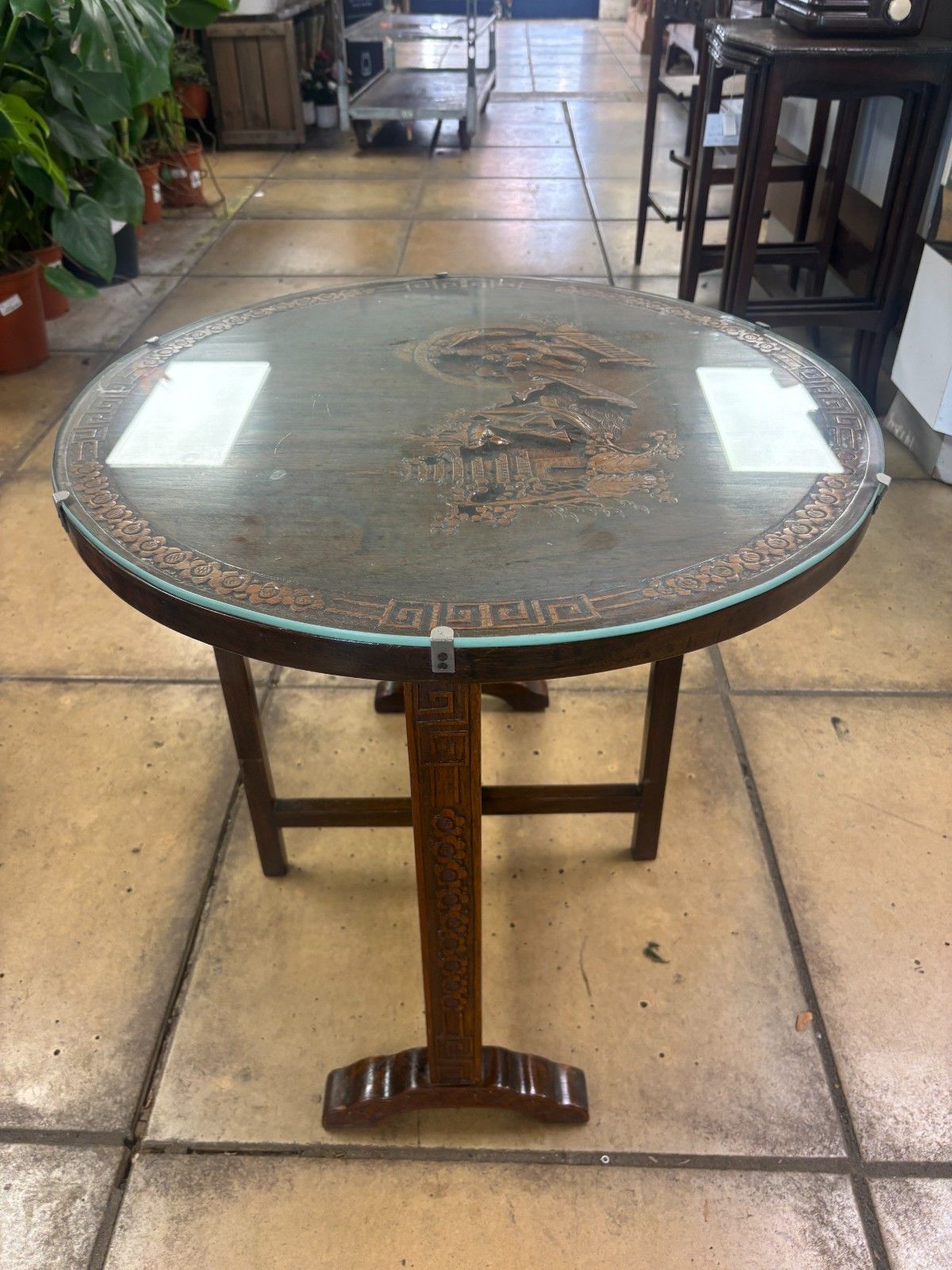 Vintage Chinese Wooden Hand Carved Tilt Top Table With Glass Top photo vintage