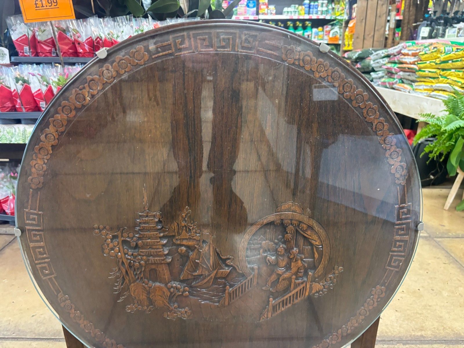 95.0 Vintage Chinese Wooden Hand Carved Tilt Top Table With Glass Top photo