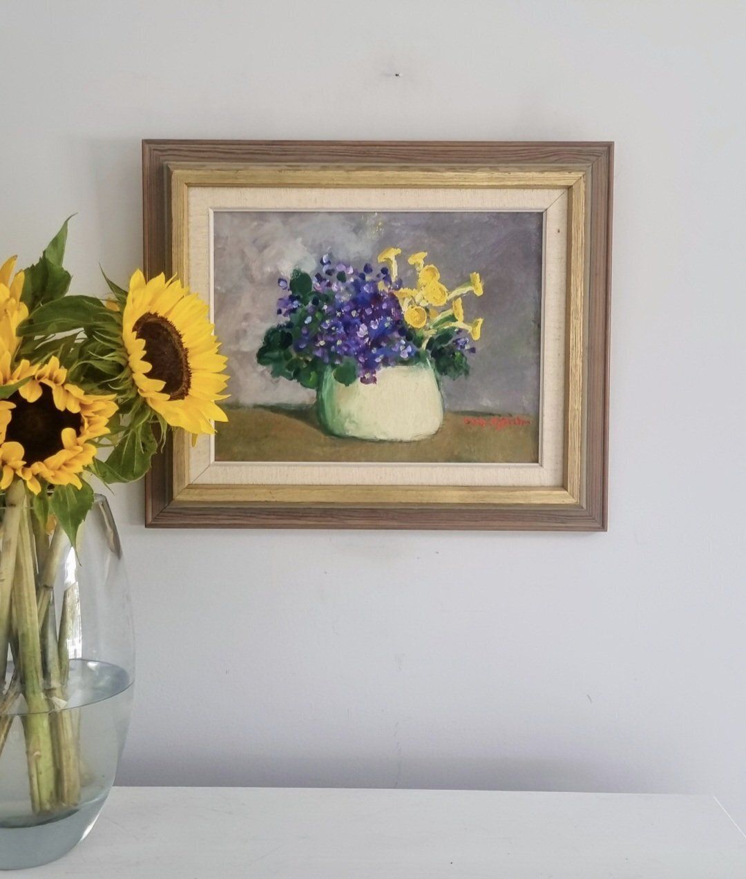 Original Framed Vintage Mid Century Swedish Still Life Potted Violets photo furniture