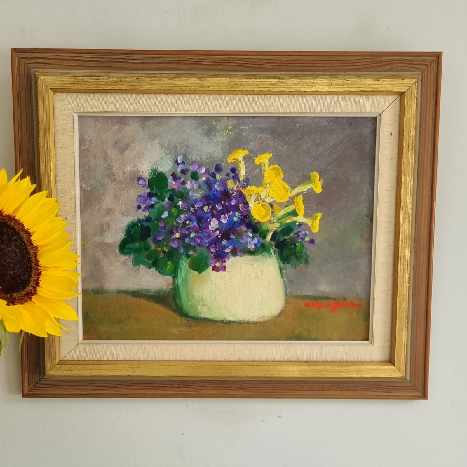 Original Framed Vintage Mid Century Swedish Still Life Potted Violets photo buy
