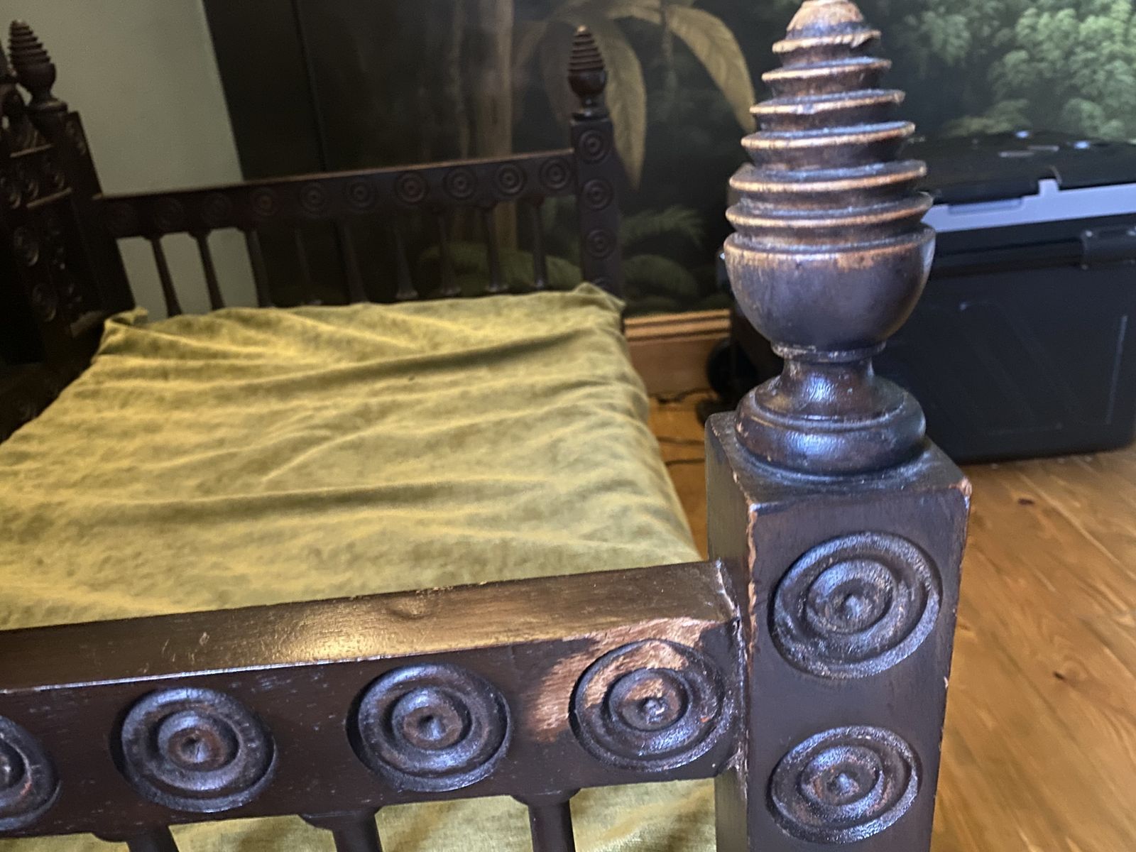 Hand Carved Indian Throne / Maharaja Bench In Solid Dark Wood — Intricate Jali Carving & Turned Finials photo for sale