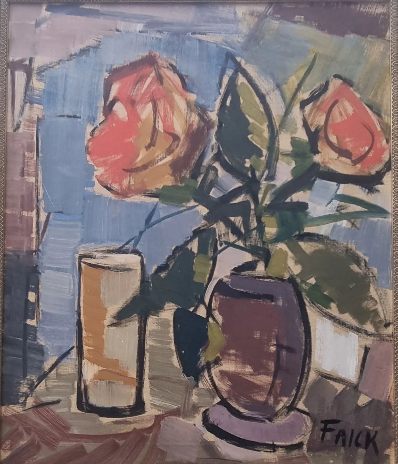 Original Framed Vintage Mid Century Swedish Floral Study Coral Roses  By Gosta Falck (1920 2006) photo Art