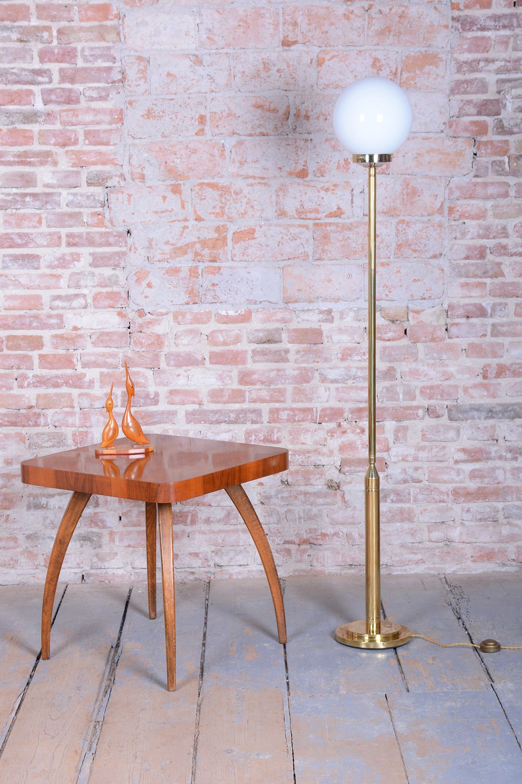 photo for sale Restored Mid Century Floor Lamp, Brass, Opaline Glass, France, 1960s