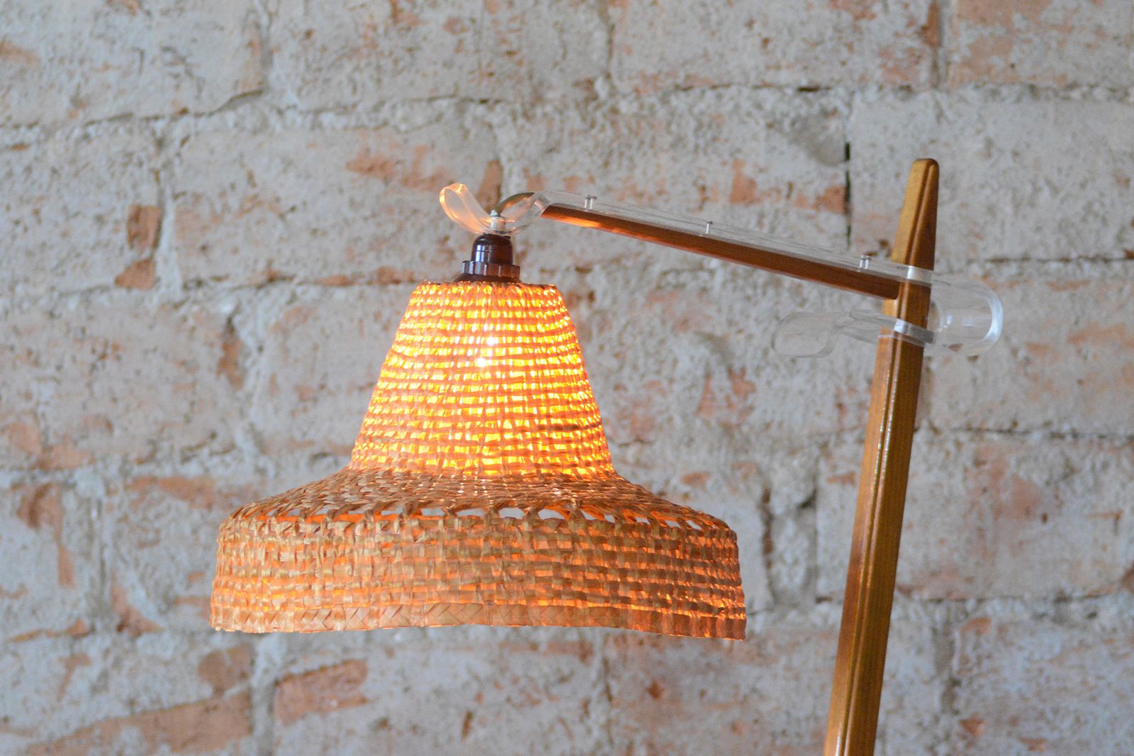 Lighting Restored Mid Century Floor Lamp, By Krásná Jizba, Beech, Rattan, Czech, 1950s photo