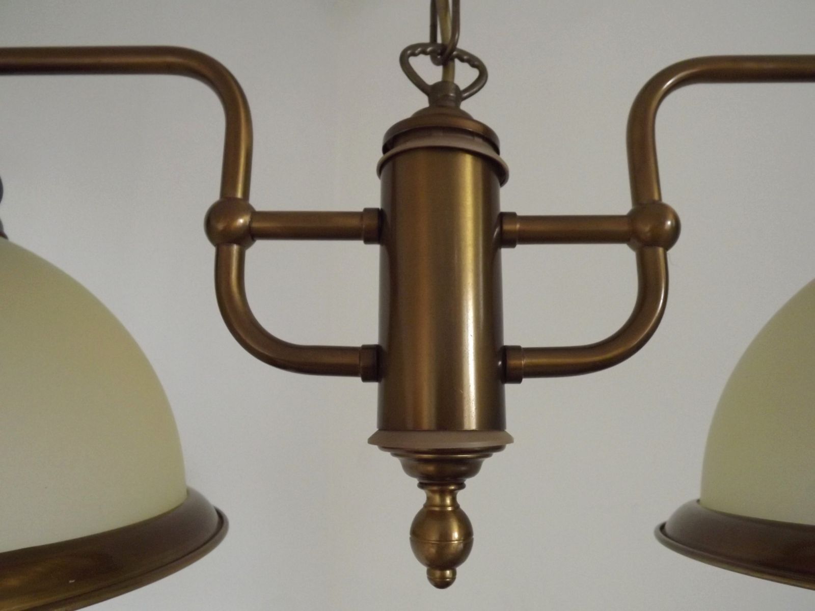 Lighting French Mid Century Bronze Effect And Black Metal Double Billiard Light With Cream Glass Shades photo