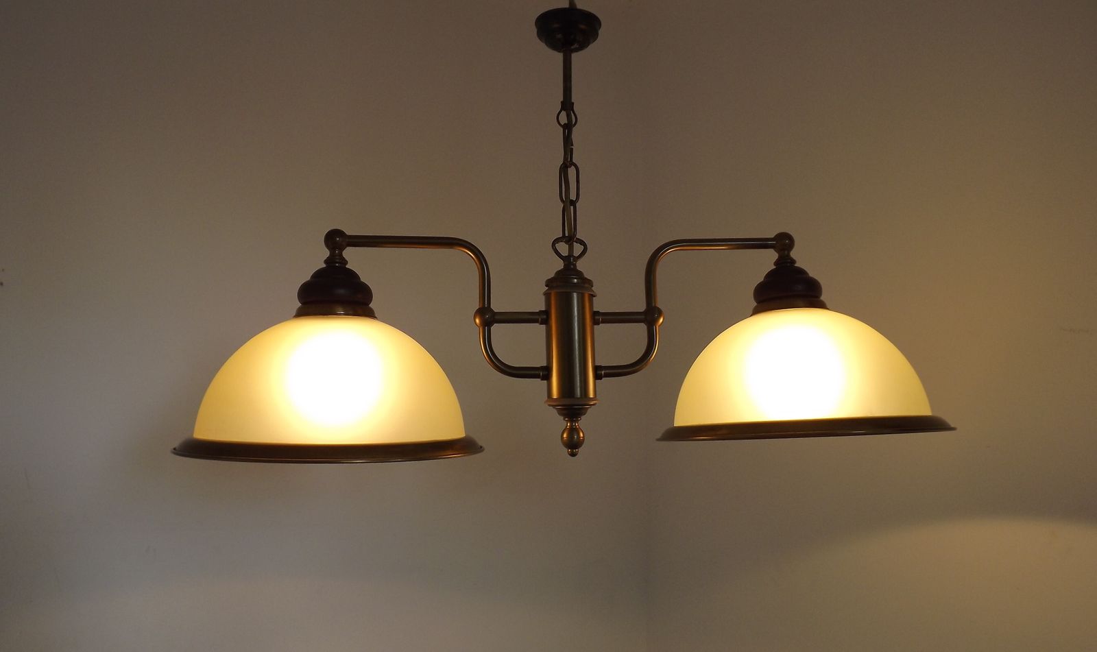 French Mid Century Bronze Effect And Black Metal Double Billiard Light With Cream Glass Shades photo Lighting