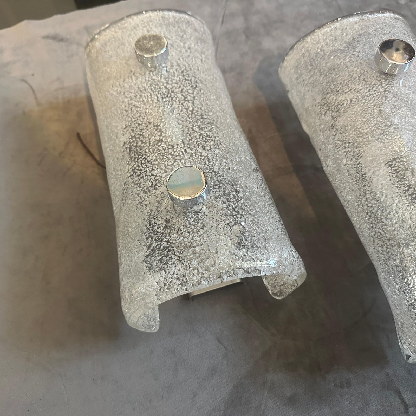 Two 1970s Space Age White Pulegoso Murano Glass And Steel Italian Wall Sconces photo furniture