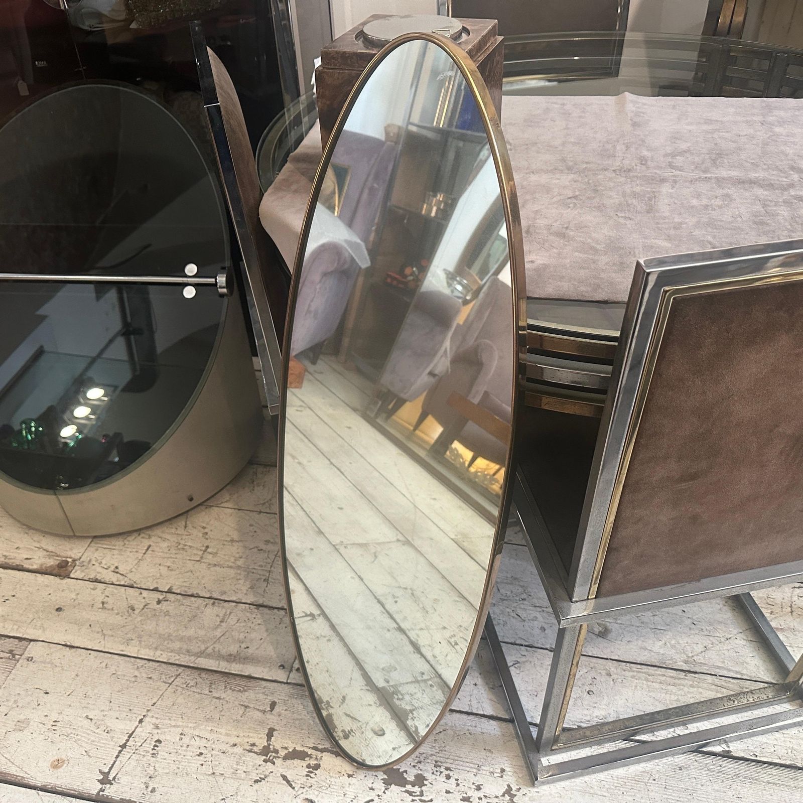 1950s Gio Ponti Style Mid Century Modern Brass Italian Long Oval Wall Mirror photo furniture