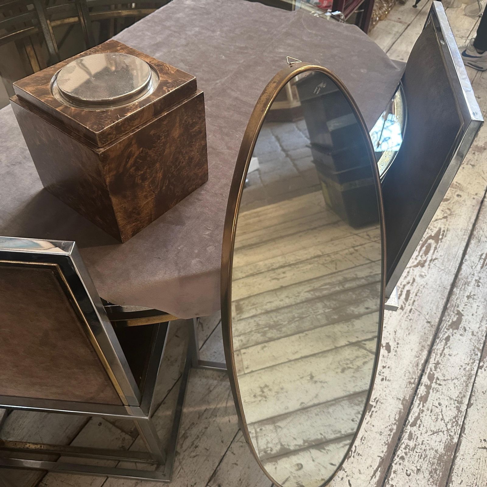 1950s Gio Ponti Style Mid Century Modern Brass Italian Long Oval Wall Mirror photo for sale