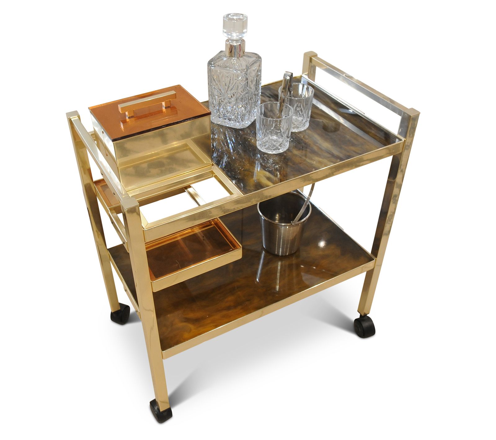 Bart Cart Aluminium & Lucite Two Tier Bar Cart With Marbleized Tiers Made In Denmark 1970's photo for sale