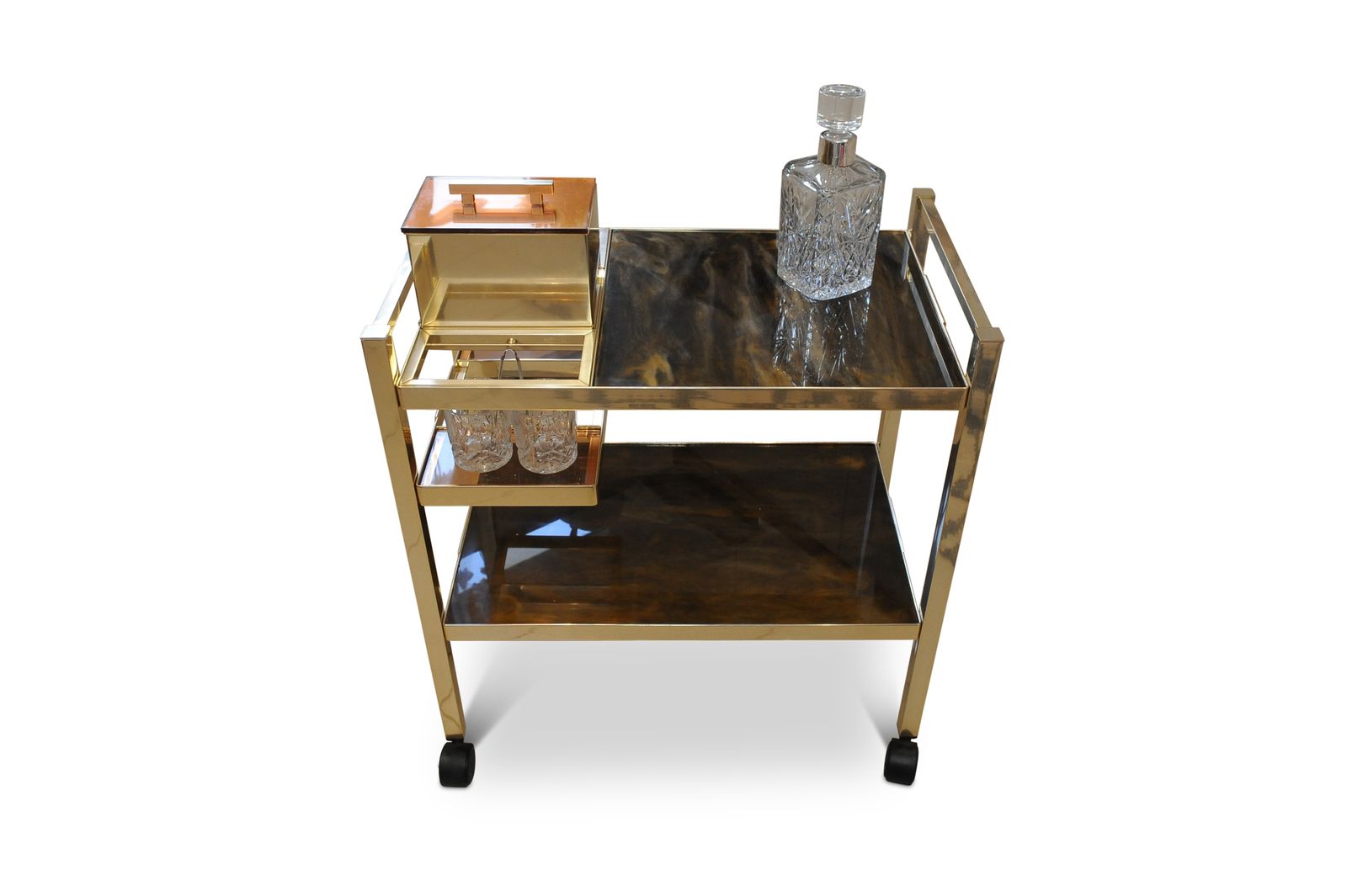 Bart Cart Aluminium & Lucite Two Tier Bar Cart With Marbleized Tiers Made In Denmark 1970's photo vintage