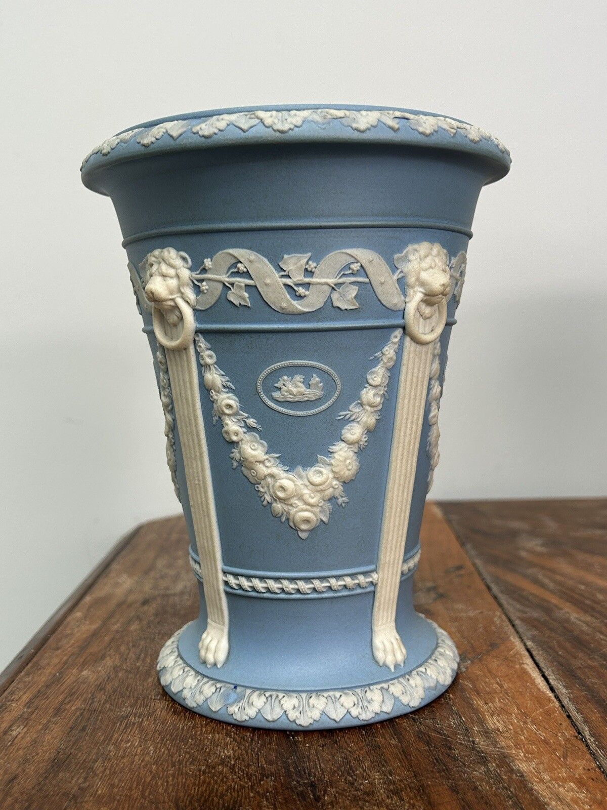 Wedgwood Light Blue Jasperware Monopodia Vases Pair Lion Head Cameos photo Home Decor