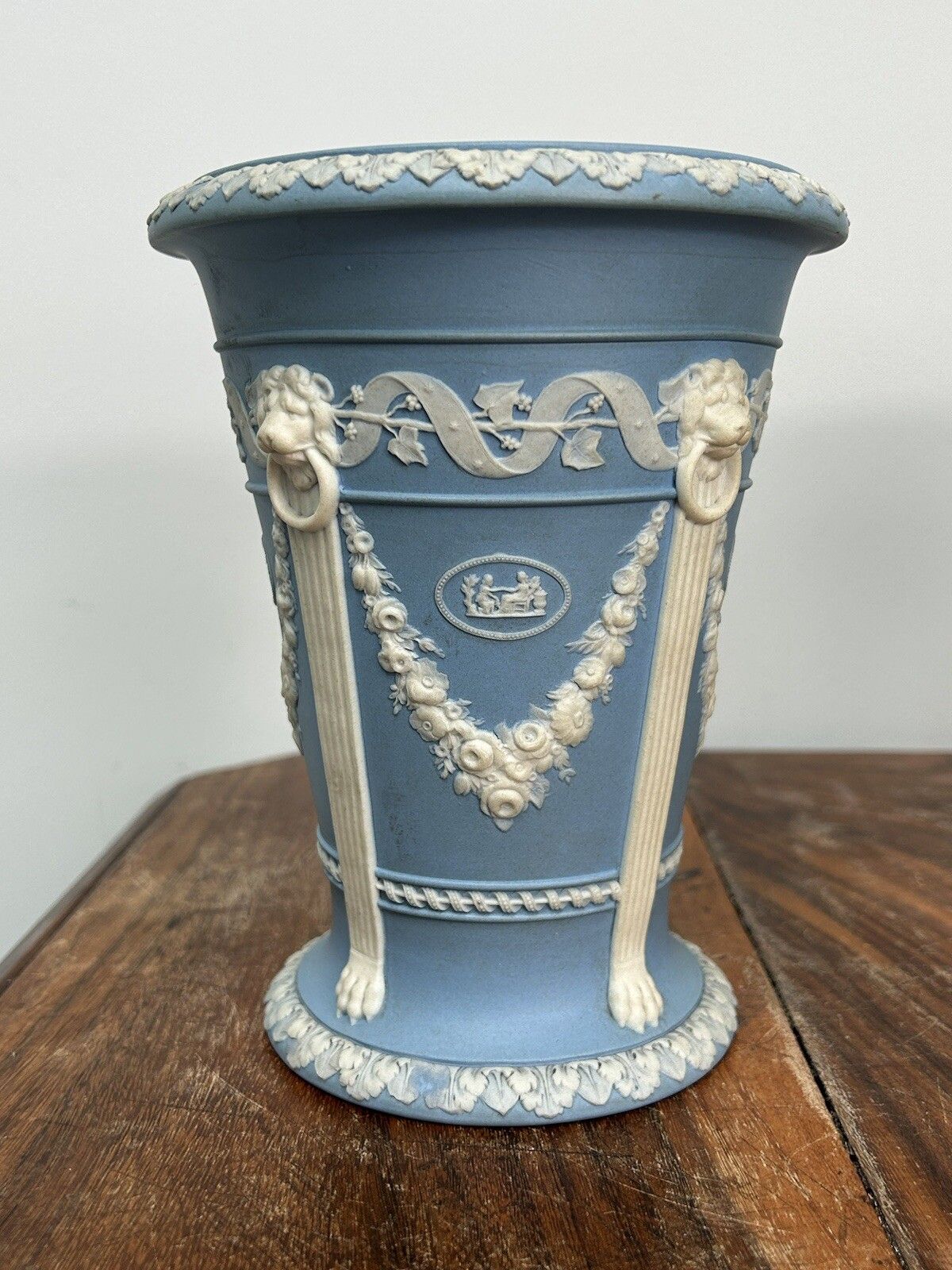 Wedgwood Light Blue Jasperware Monopodia Vases Pair Lion Head Cameos photo vinterior