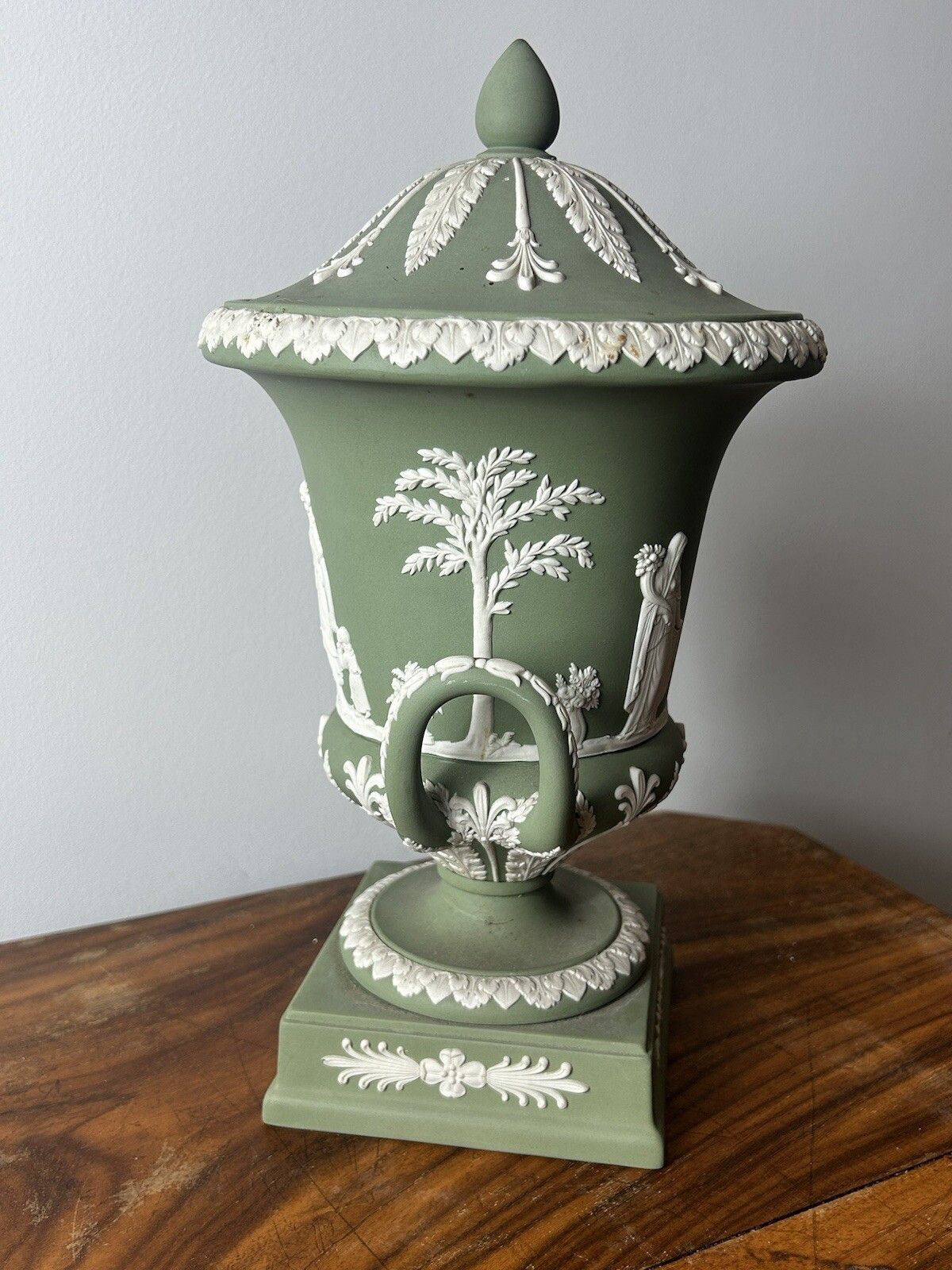 Vintage Wedgwood Celadon Green Jasperware Campana Pedestal Urn Vase 12" photo 280.0