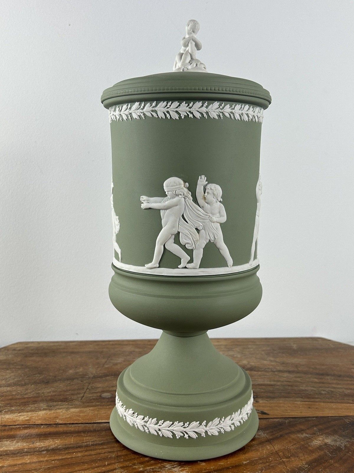 Blind Man’s Buff Green Jasperware Lidded Urn Vase 12" Classical Style