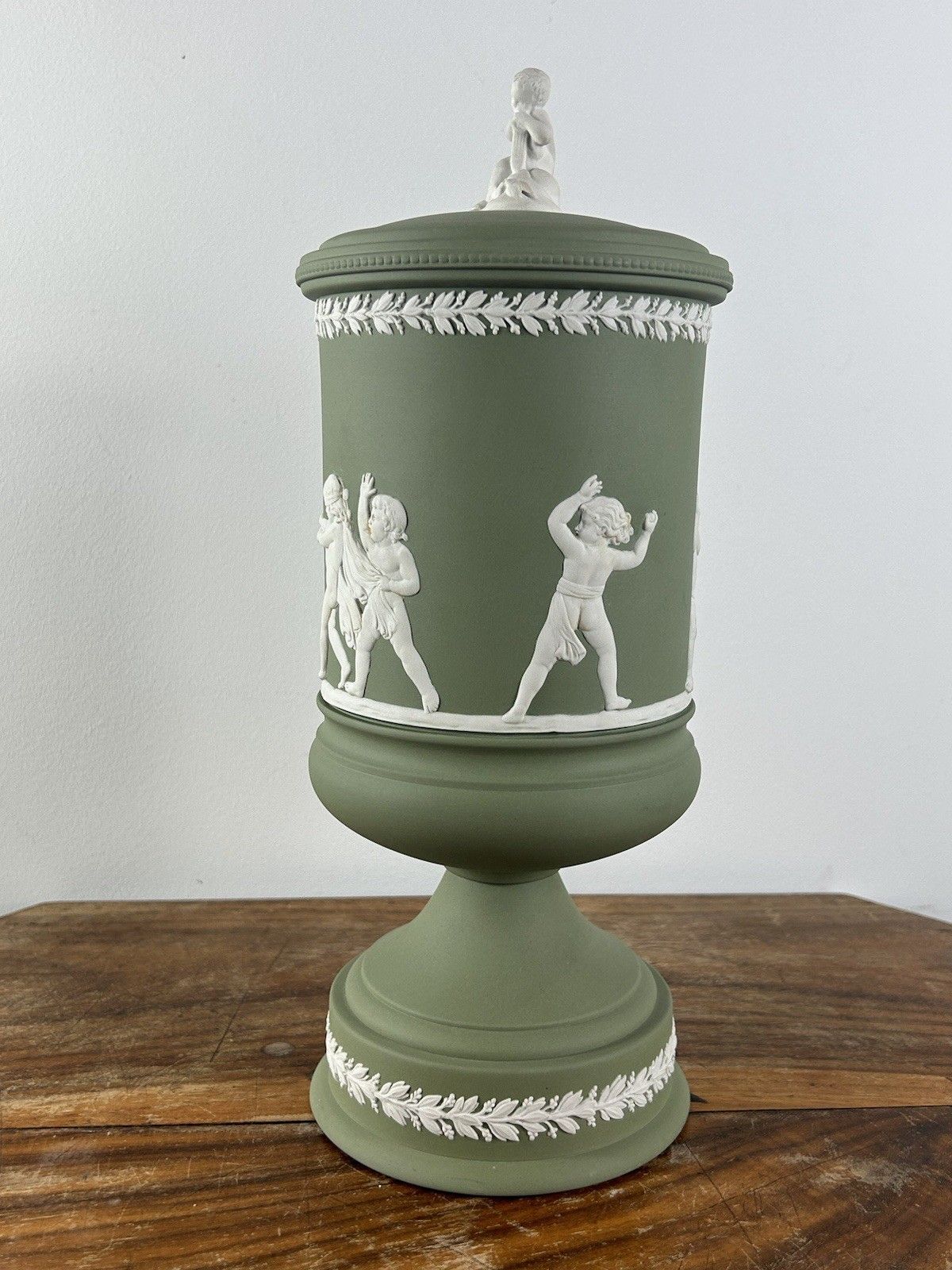 Blind Man’s Buff Green Jasperware Lidded Urn Vase 12" Classical Style photo Home Decor