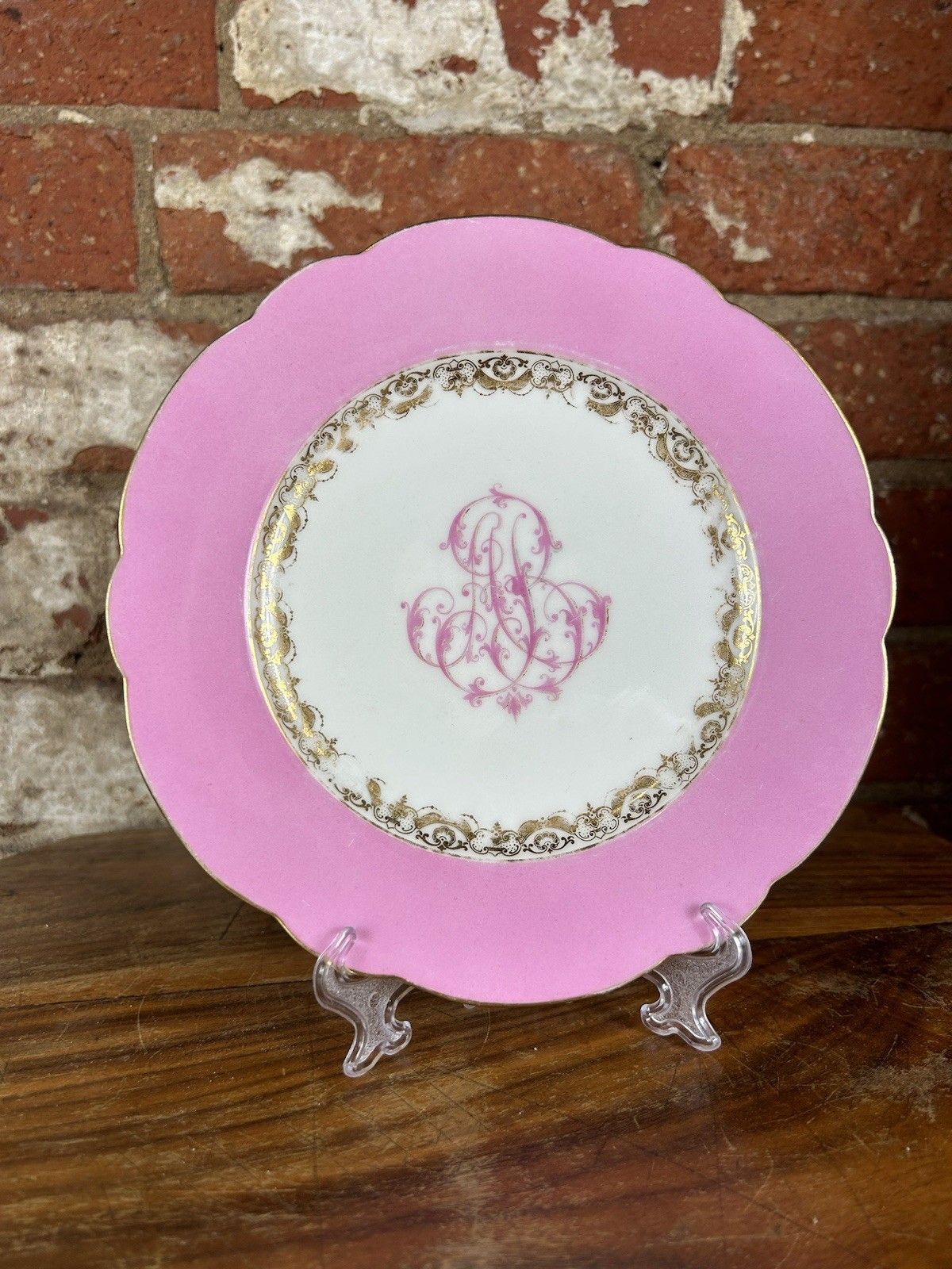Antique Old Paris Armorial Porcelain Pink Plate Service, 11pc, French