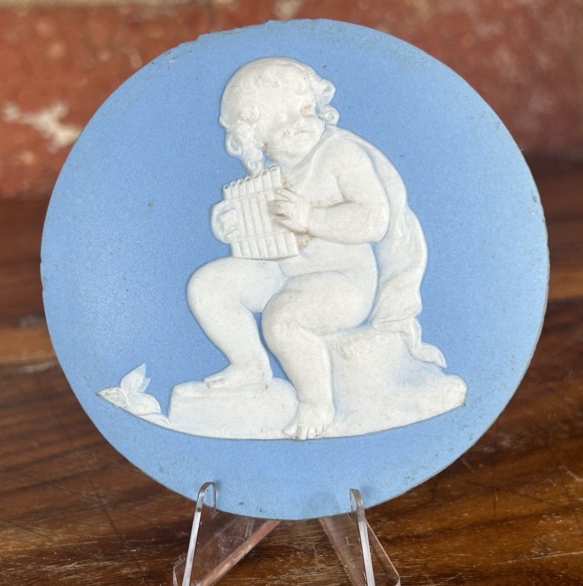 Late 18th C Wedgwood Blue Jasperware Cherub Plaque – 9cm Antique Medallion