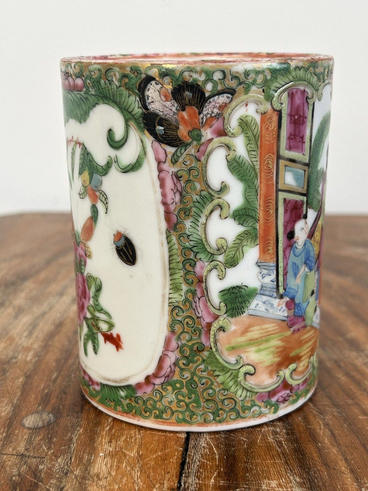 Antique Chinese Rose Medallion Cylindrical Vase Pot Hand Painted C.1850s photo Home Decor
