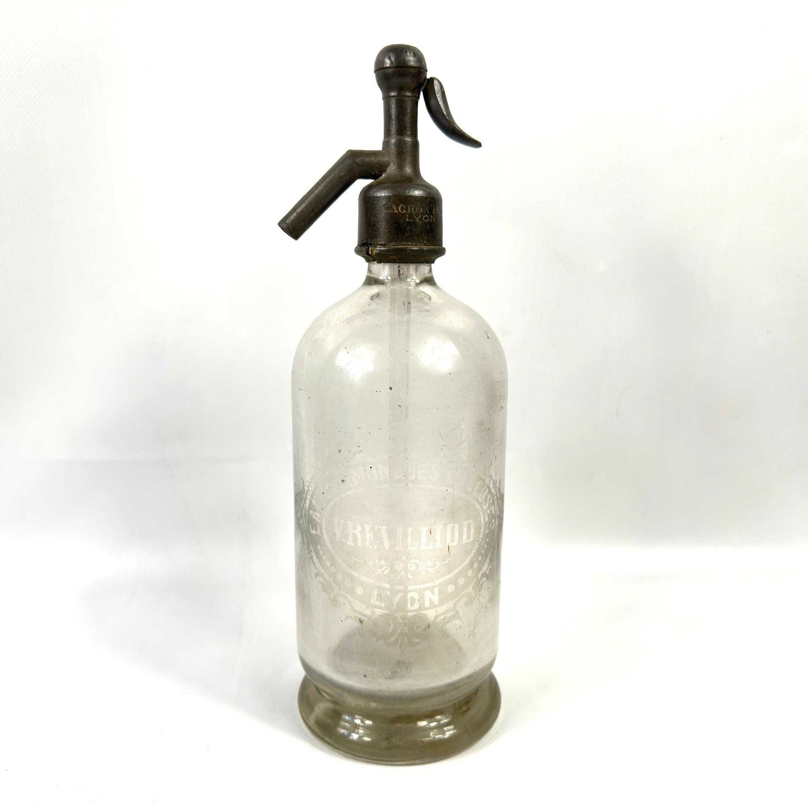 photo for sale Vintage French Soda Syphon – Etched Glass Siphon Bottle, Lyon, Early 1900s Barware