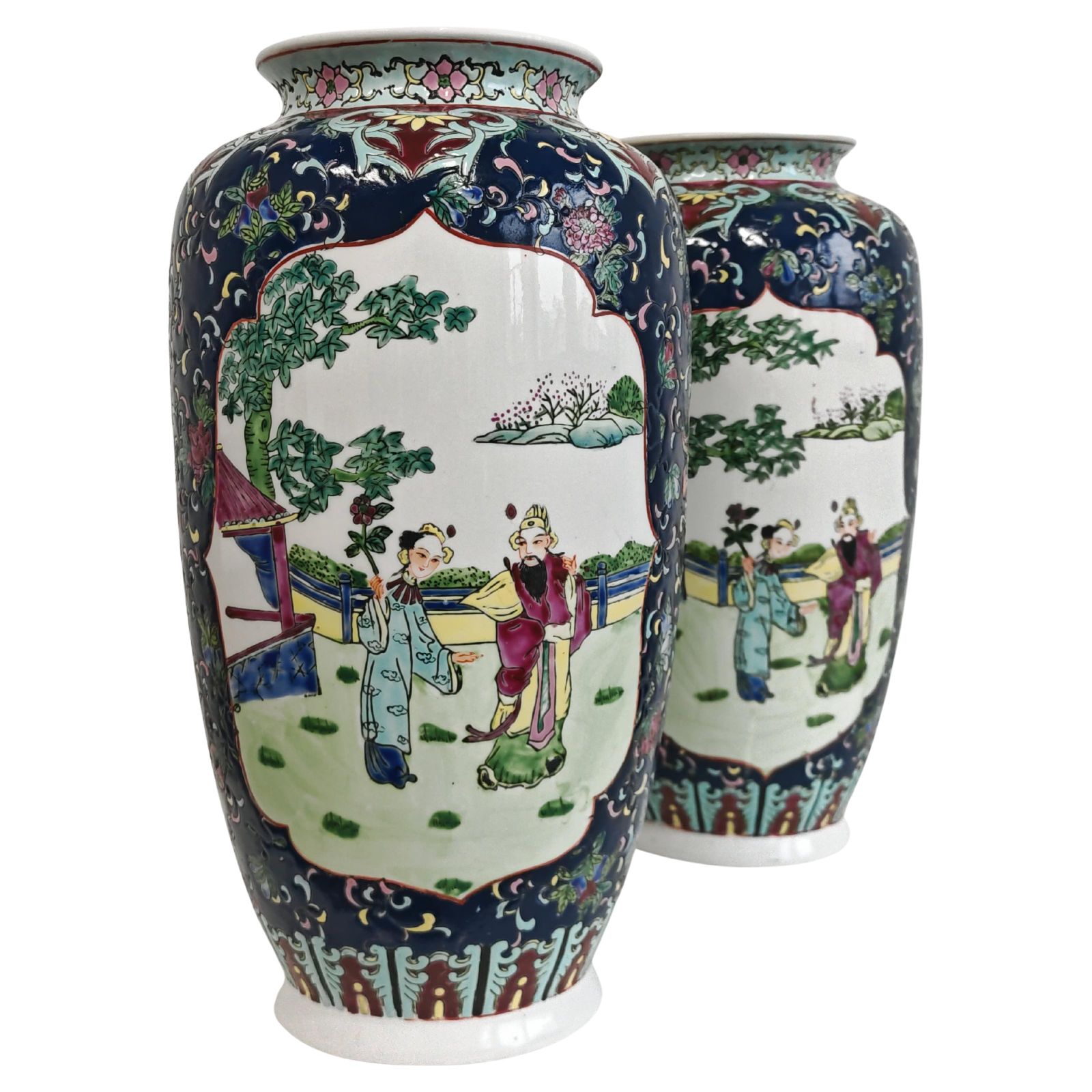 Pair Of Vintage Cermaic Famille Rose Vases, China 1930s