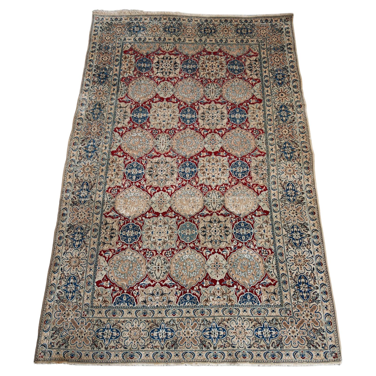 Vintage Hand Knotted Rug In Cream, Red And Blue Wool And Silk, 1960s