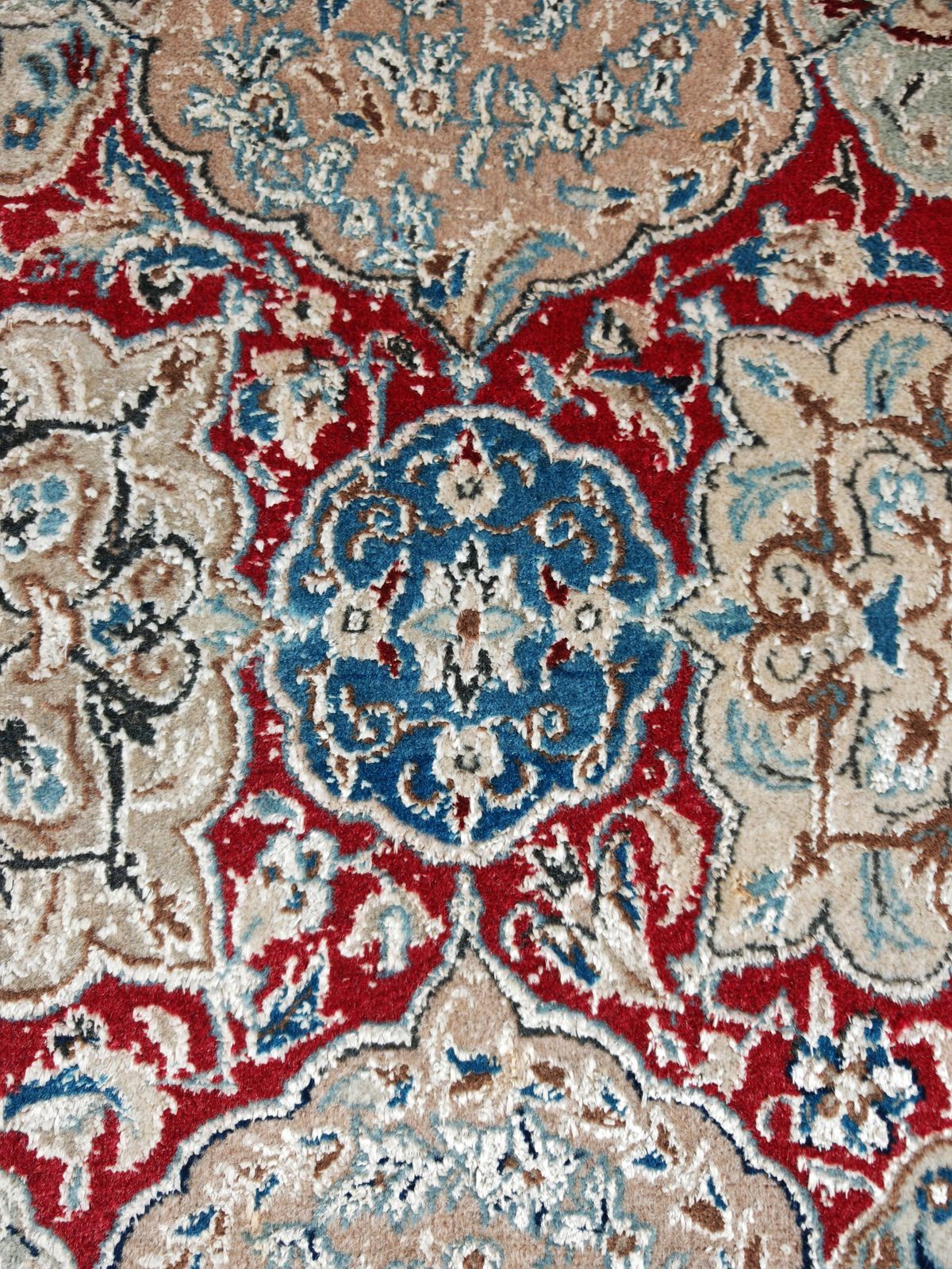 Vintage Hand Knotted Rug In Cream, Red And Blue Wool And Silk, 1960s photo 1100.0