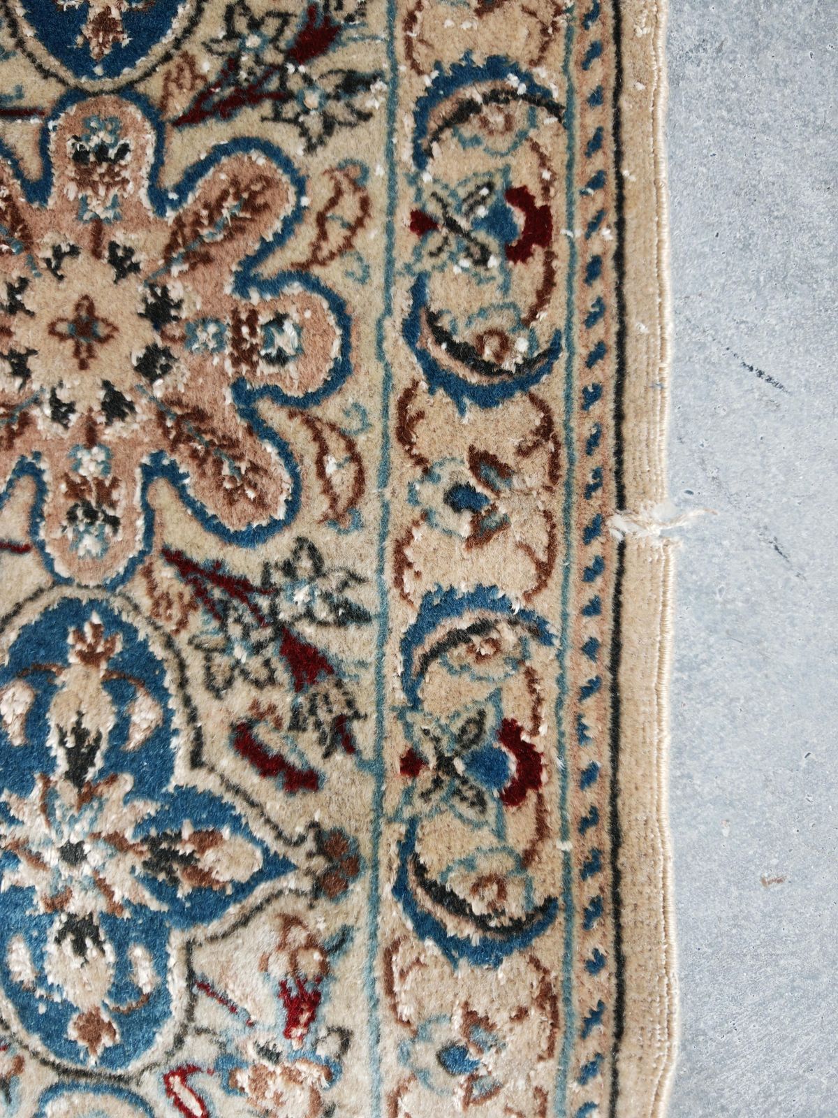 Vintage Hand Knotted Rug In Cream, Red And Blue Wool And Silk, 1960s photo vinterior