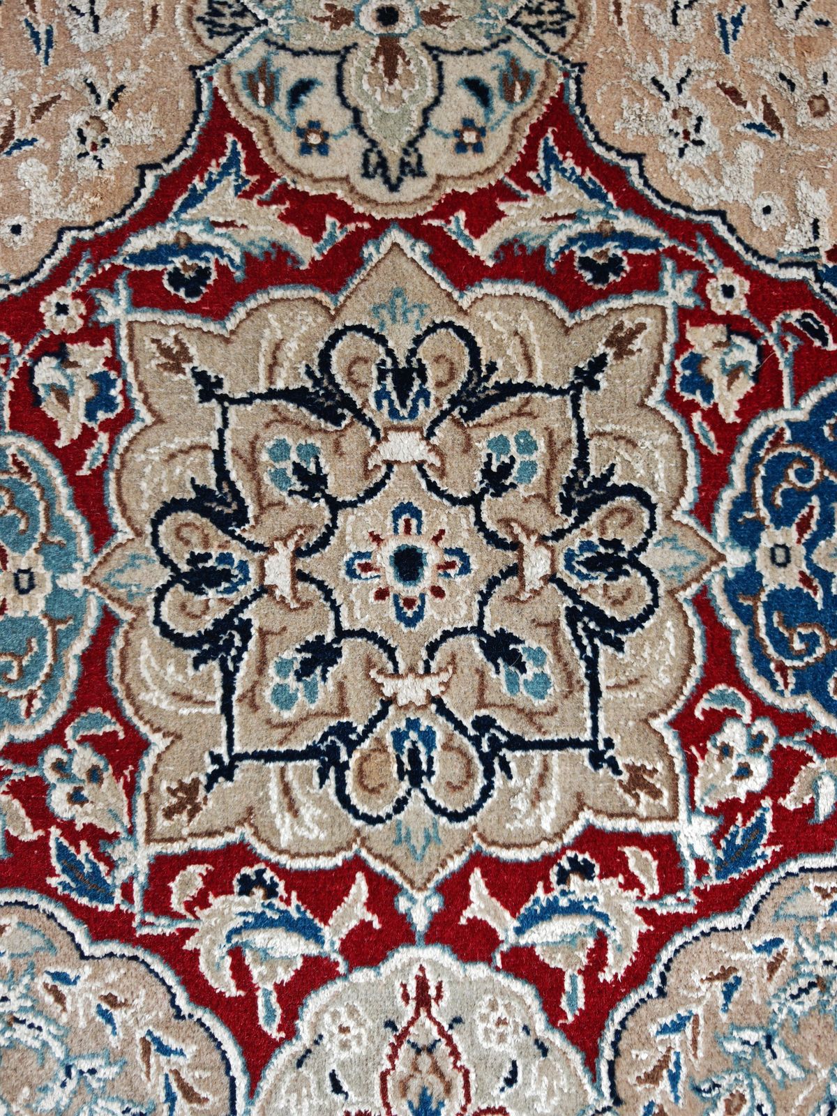 Vintage Hand Knotted Rug In Cream, Red And Blue Wool And Silk, 1960s photo vintage