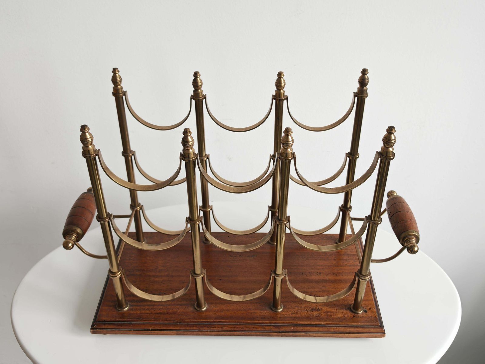 Mid Century Modern Wine Bottle Holder In Brass And Mahogany, France 1960s photo 850.0