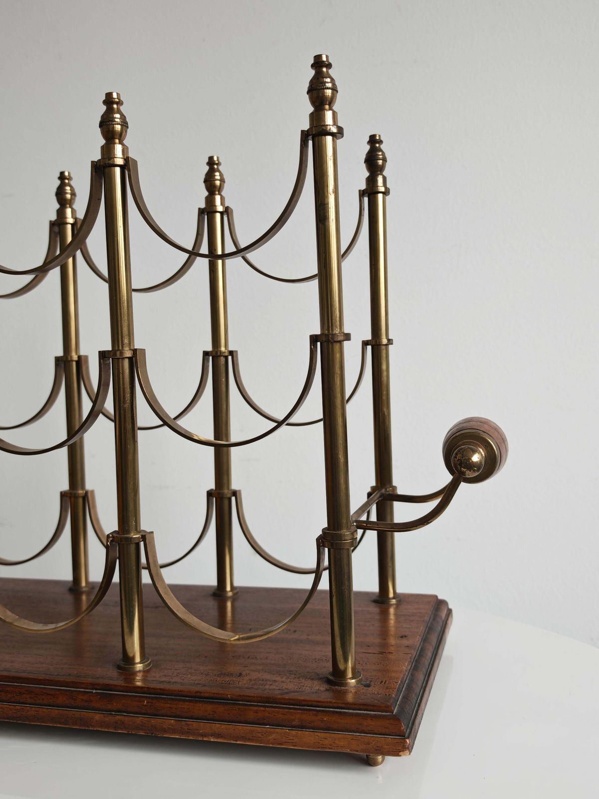 Mid Century Modern Wine Bottle Holder In Brass And Mahogany, France 1960s photo vinterior