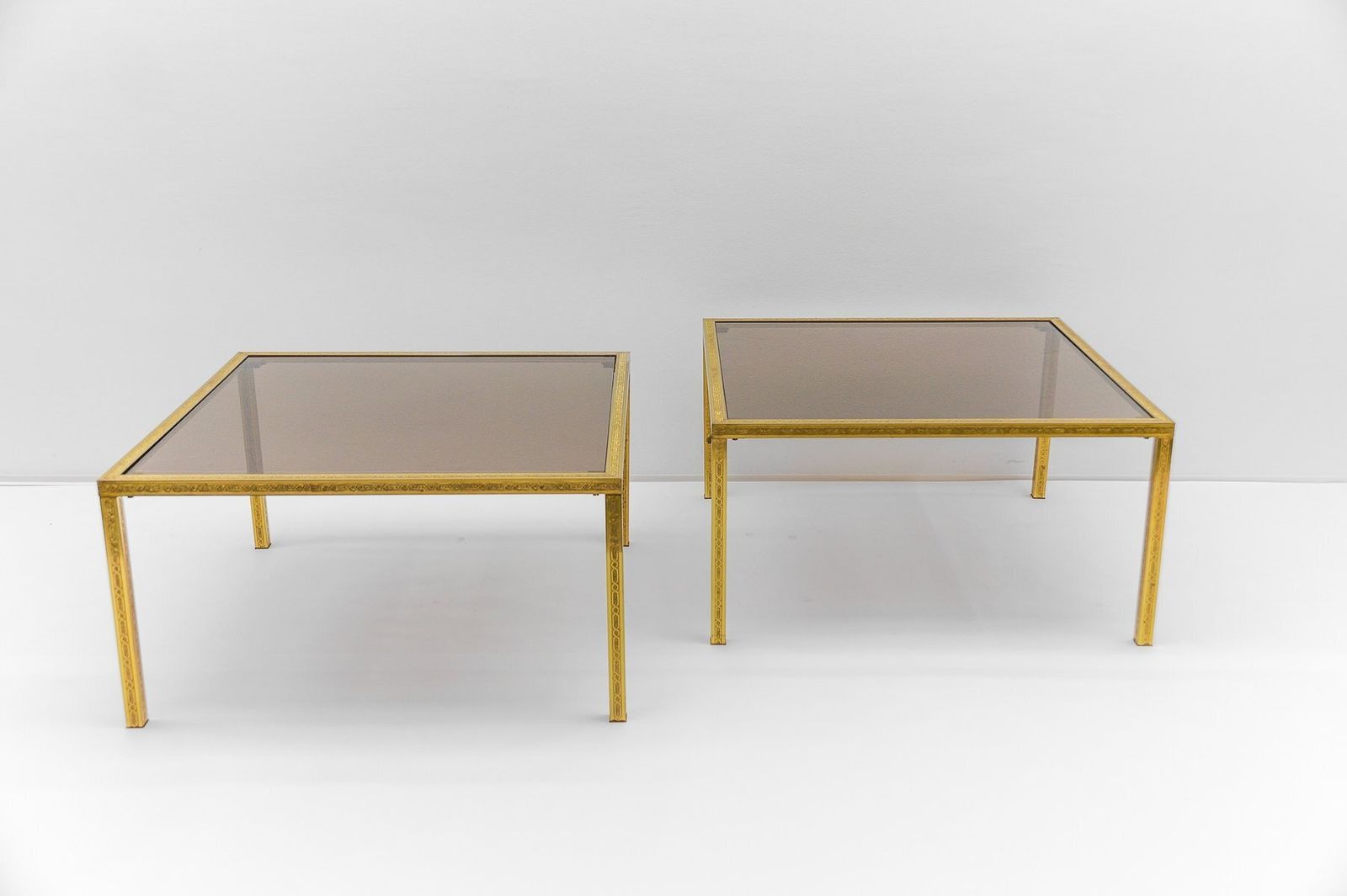 Brass And Smoked Glass Coffee Tables With Ornaments, 1970s, Set Of 2 photo for sale