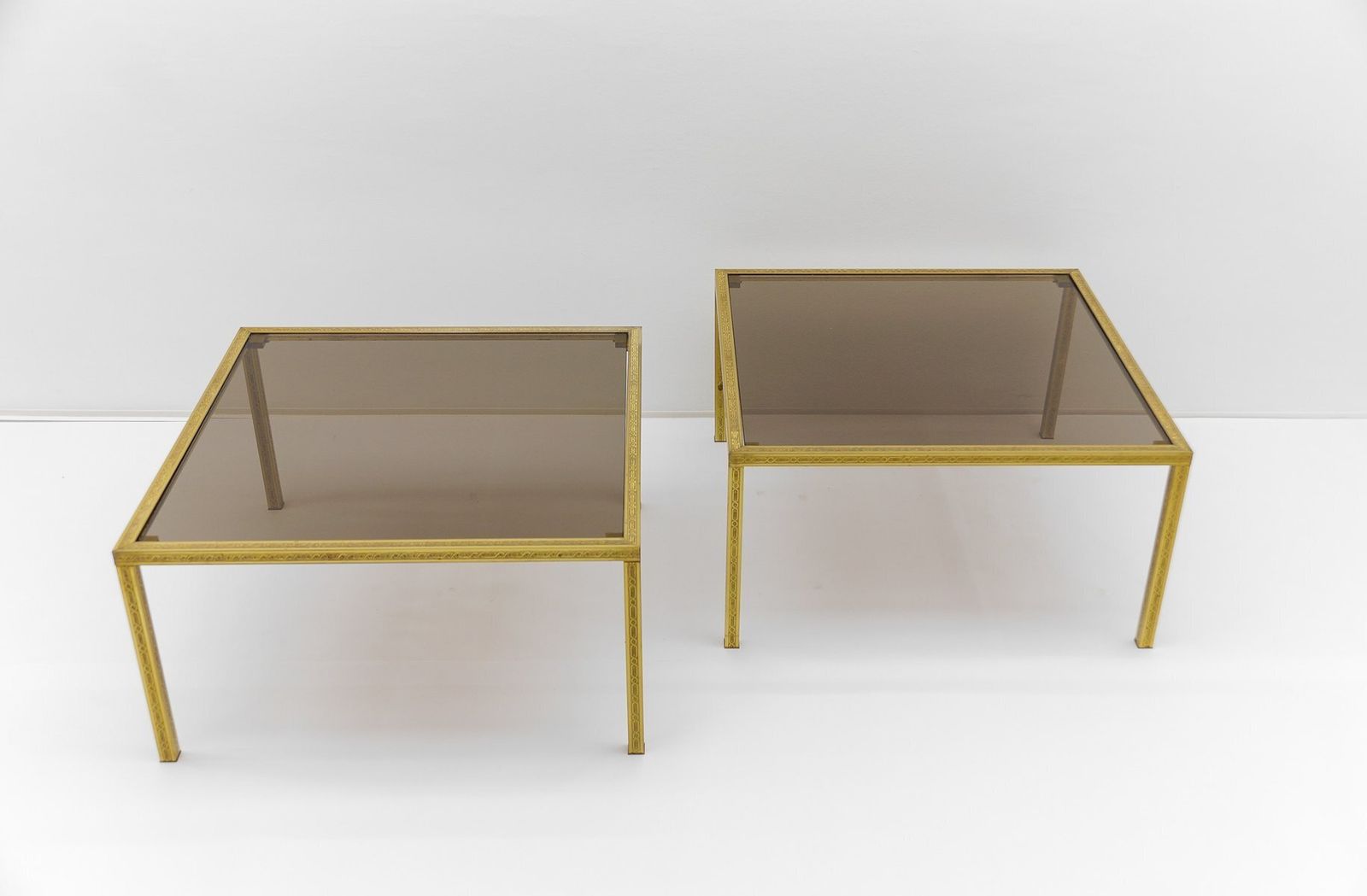 Brass And Smoked Glass Coffee Tables With Ornaments, 1970s, Set Of 2 photo Furniture