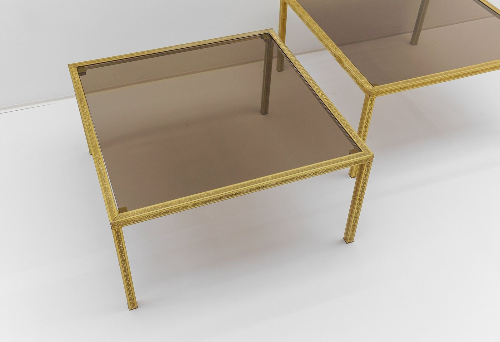 Brass And Smoked Glass Coffee Tables With Ornaments, 1970s, Set Of 2 photo buy