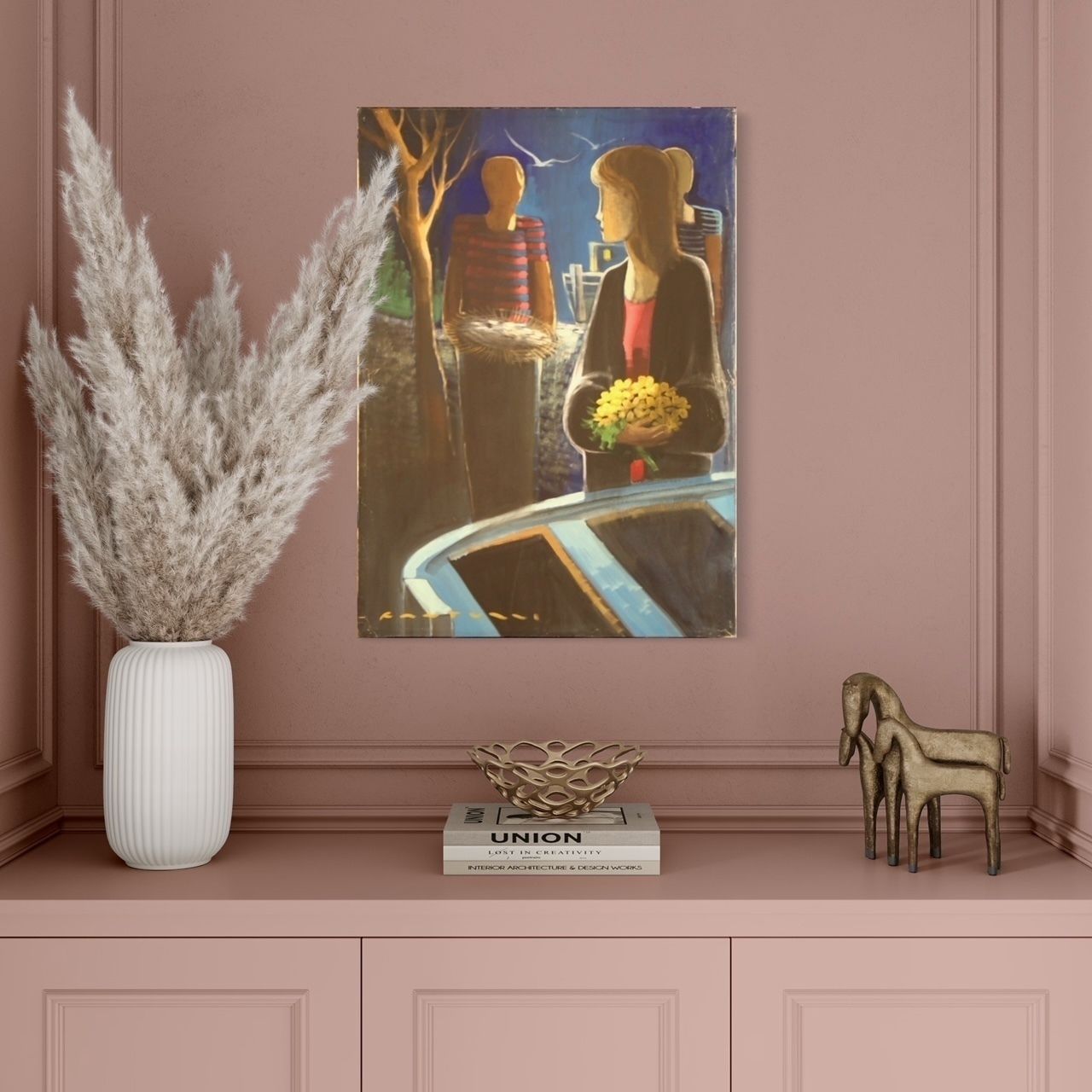 photo for sale Italian Painting Signed Figures In The Night