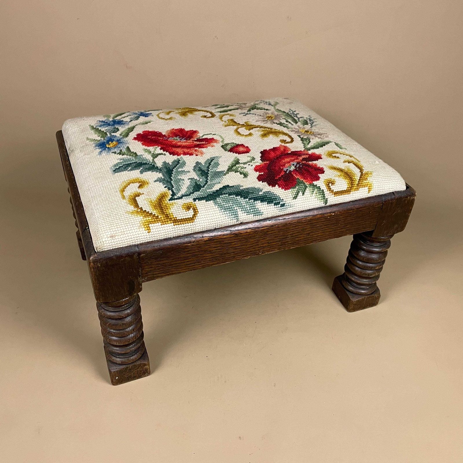 Vintage Needlepoint Footstool Floral Oak Base Embroidered Upholstered Stool Hand Stitched Flower Decor Cottage Foot Rest Traditional Vintage