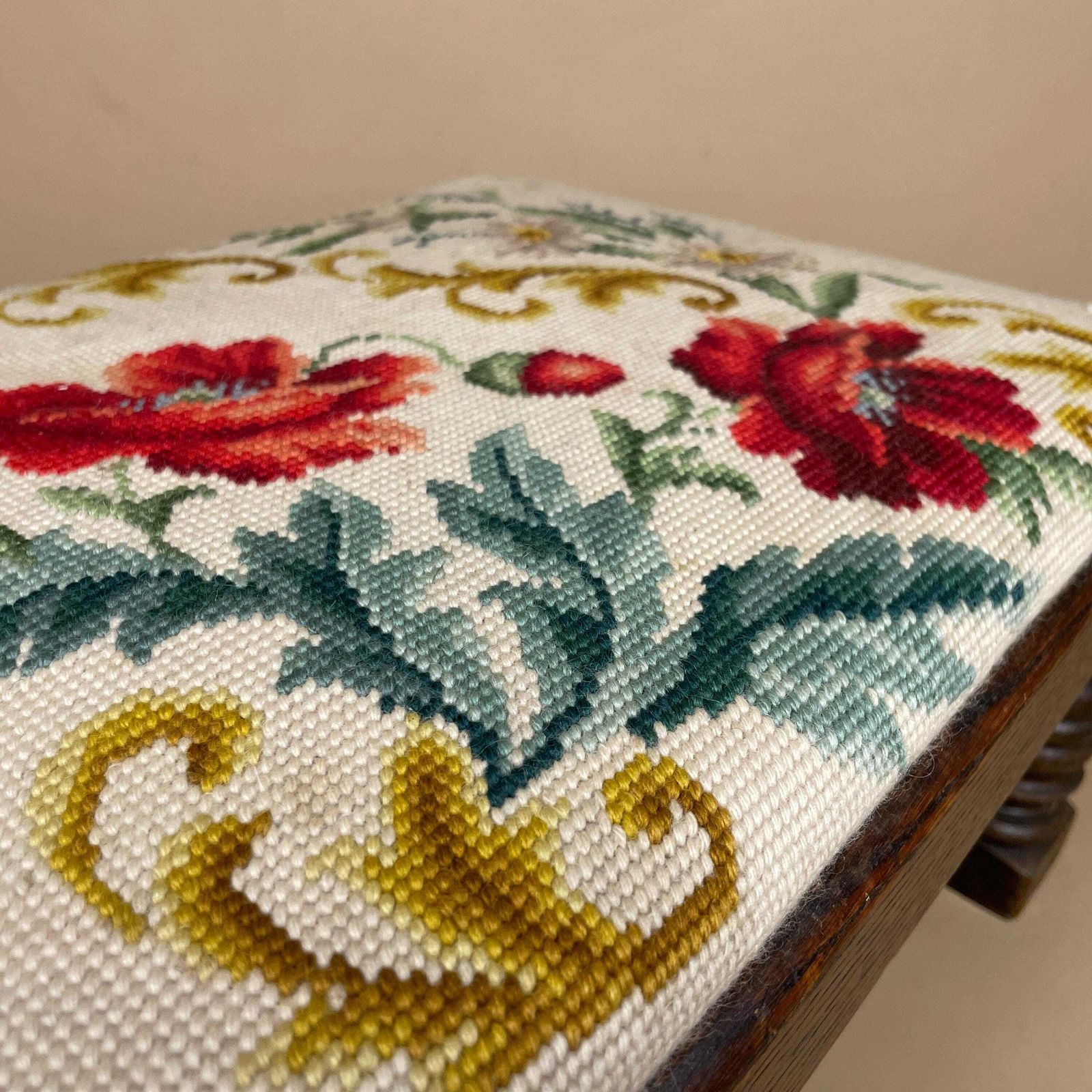 Vintage Needlepoint Footstool Floral Oak Base Embroidered Upholstered Stool Hand Stitched Flower Decor Cottage Foot Rest Traditional Vintage photo vinterior