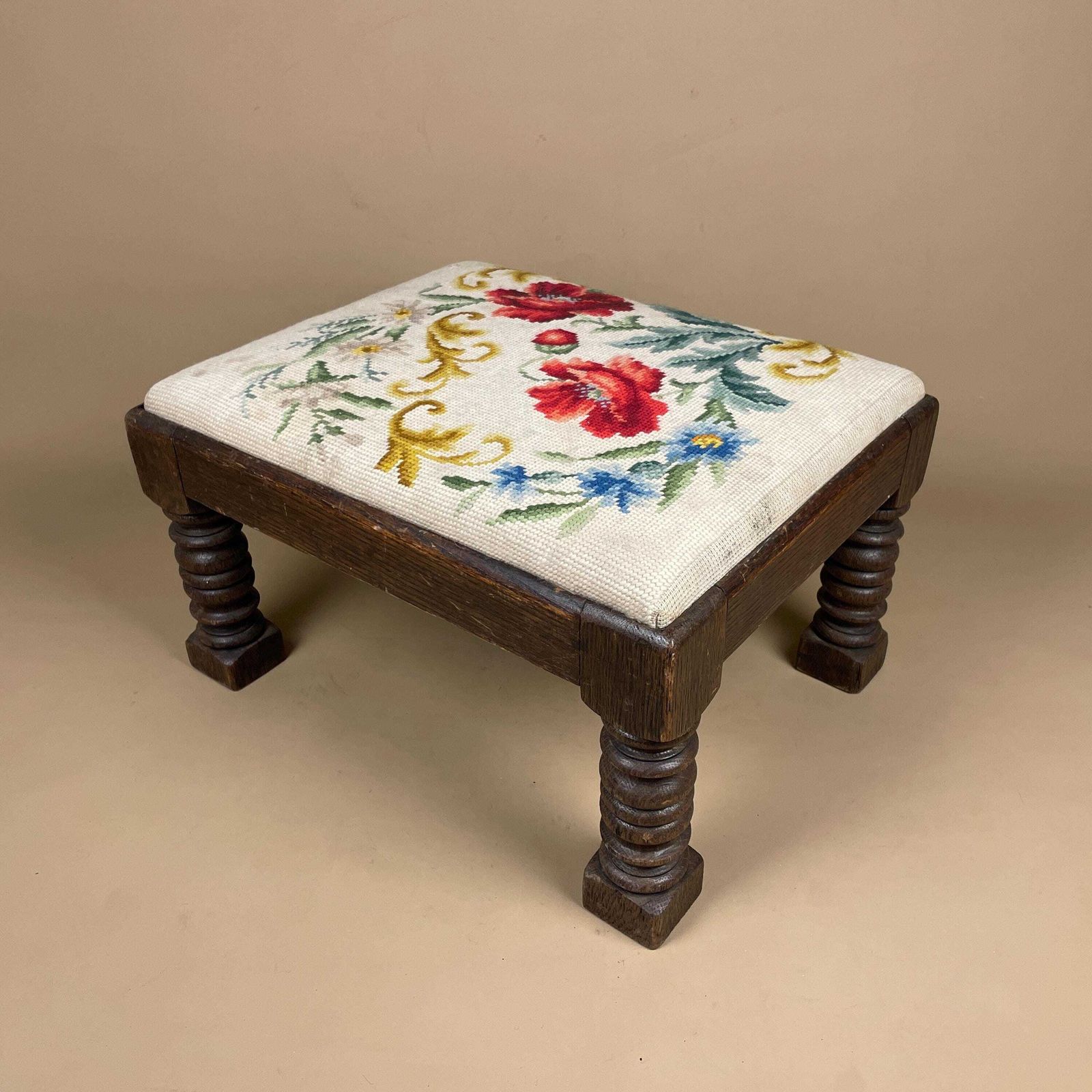 Vintage Needlepoint Footstool Floral Oak Base Embroidered Upholstered Stool Hand Stitched Flower Decor Cottage Foot Rest Traditional Vintage photo vintage