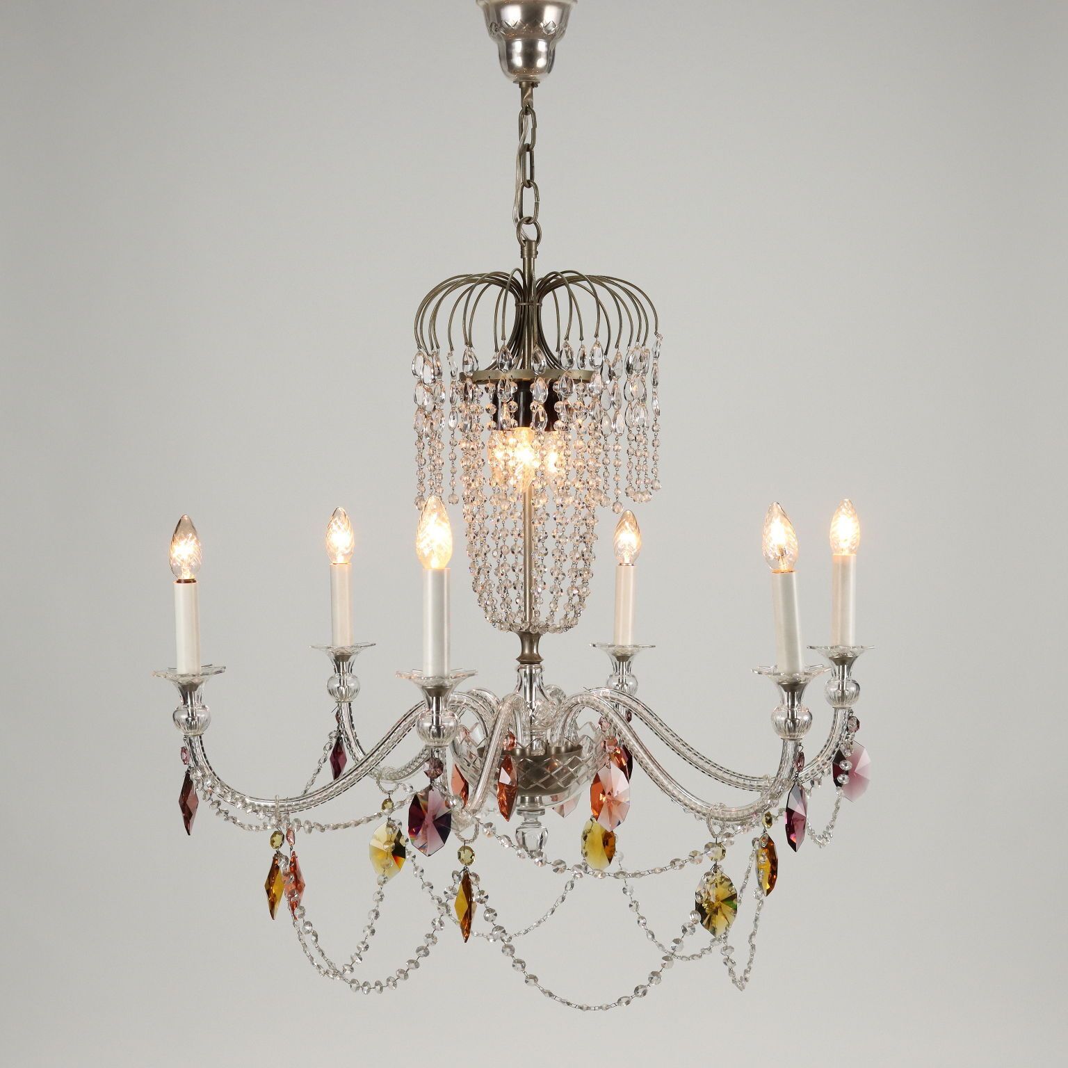 Antique Chandelier 6 Lights Glass Italy XX Century photo for sale