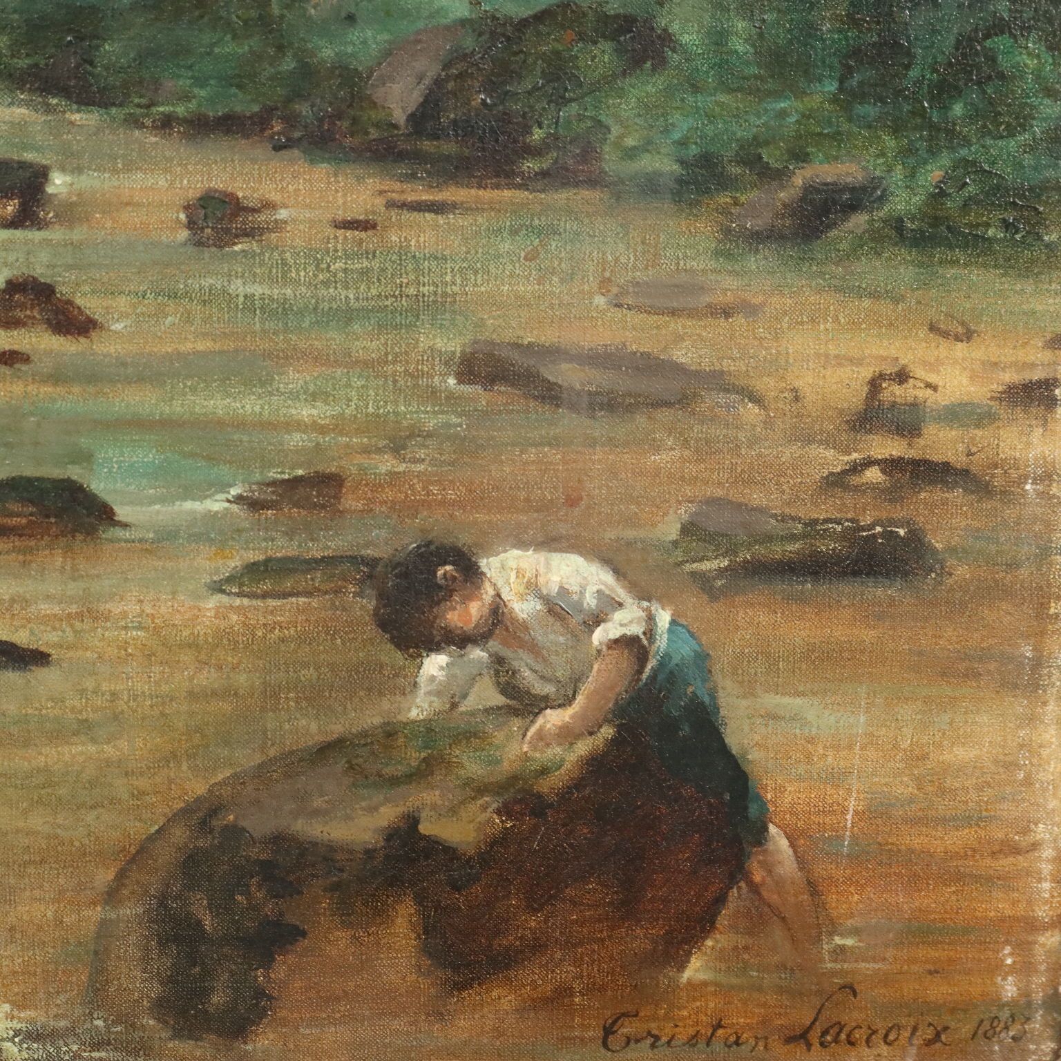 Antique Painting Wooden Landscape Signed Tristan Lacroix 1883 photo vinterior