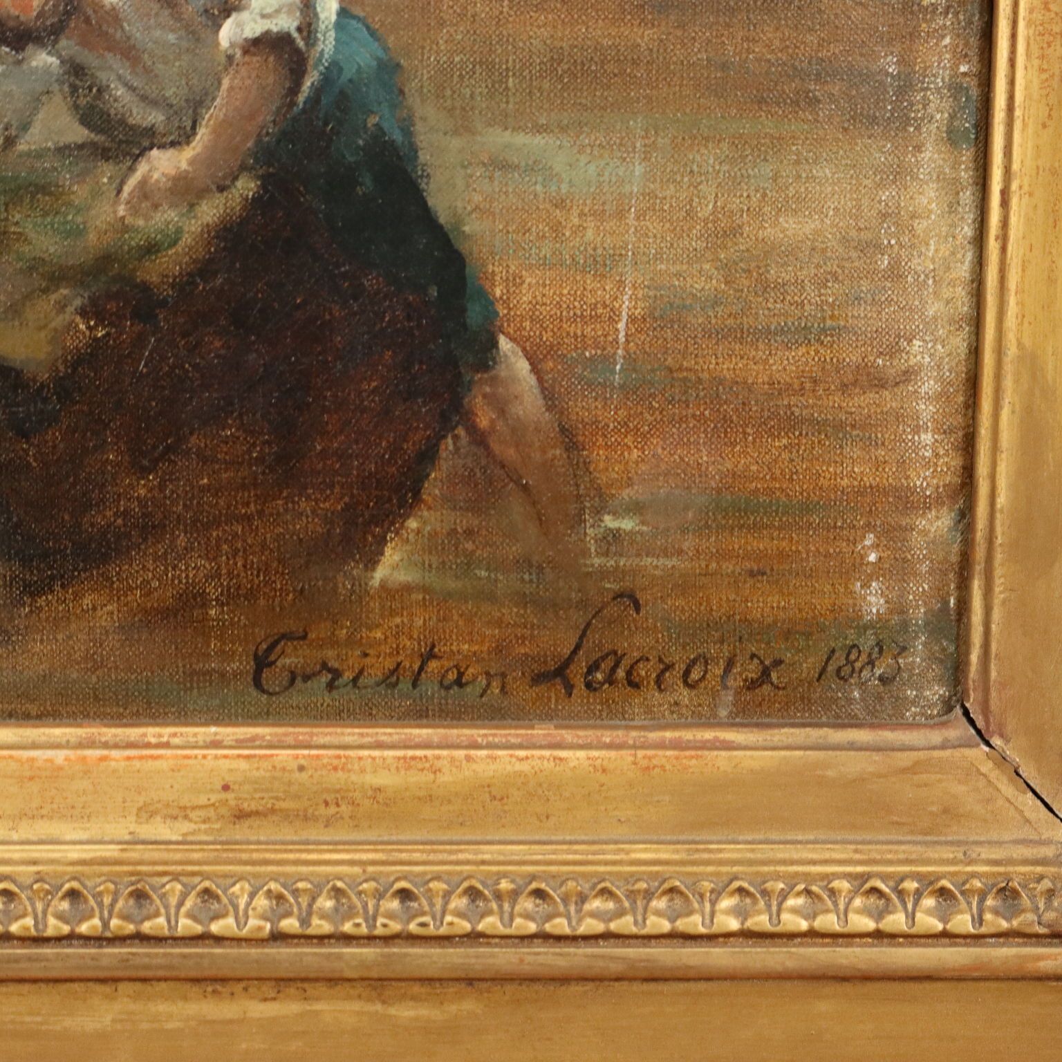 photo furniture Antique Painting Wooden Landscape Signed Tristan Lacroix 1883