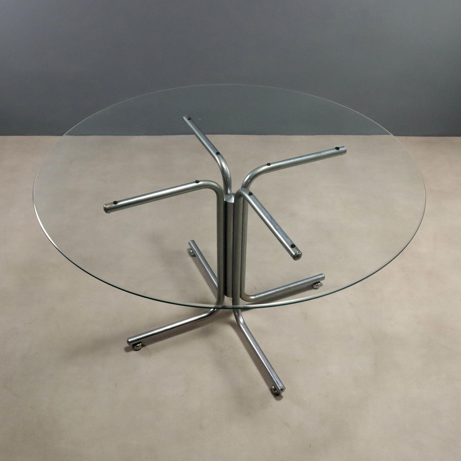 Vintage Round Table Design Chromed Metal Glass 1970s photo for sale