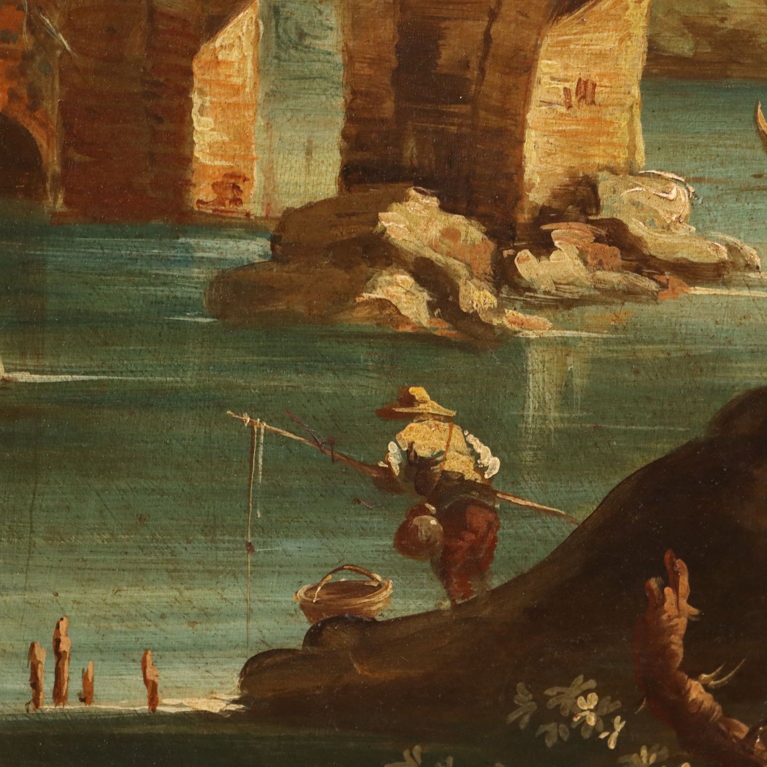 Antique Painting Landscape With River Oil On Hardboard XVIII Century photo vintage