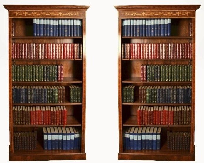 Pair Sheraton Style Burr Walnut Open Bookcases Late 20th C