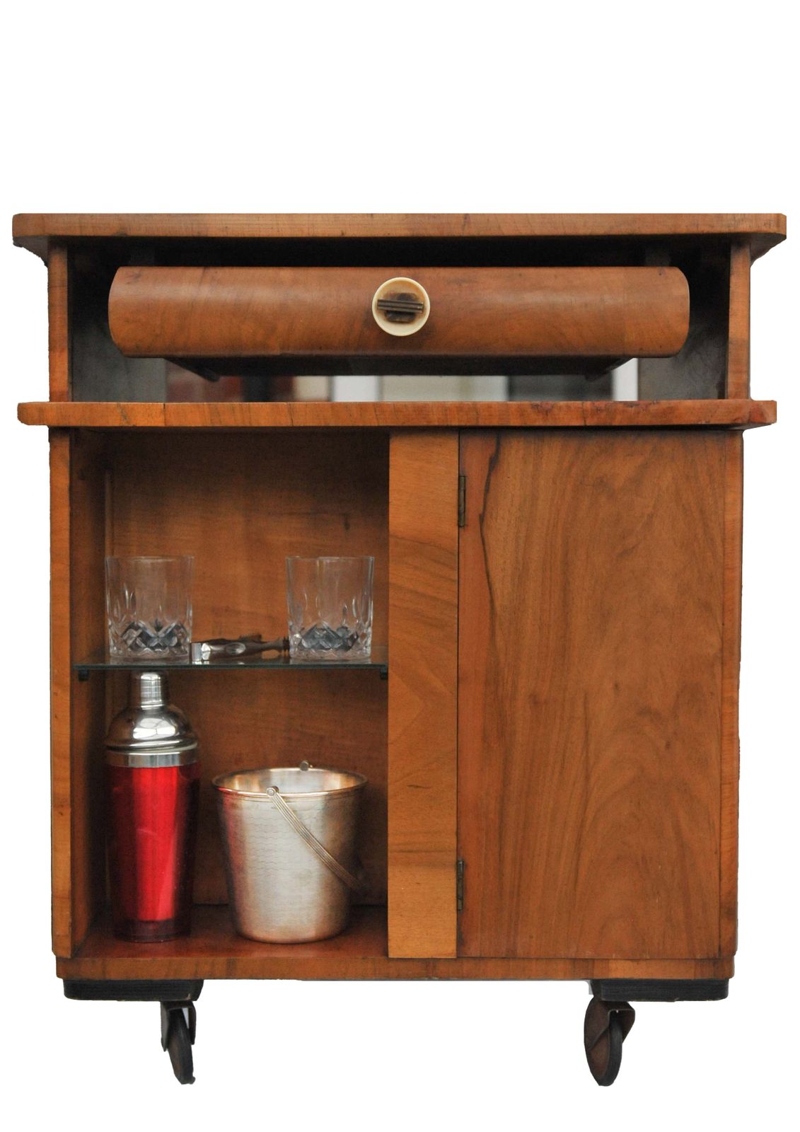 Art Deco "Multibeau" Cocktail Bar Cart Made Of Burr Walnut Veneer 1930's photo vintage