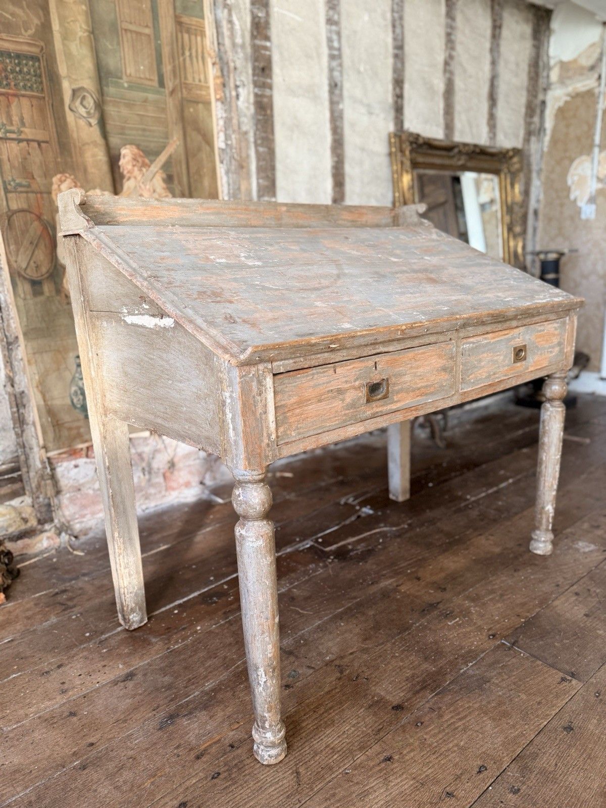 Antique Distressed Painted Scrubbed Pine Clerk's Desk (Shop) Display Table photo vinterior