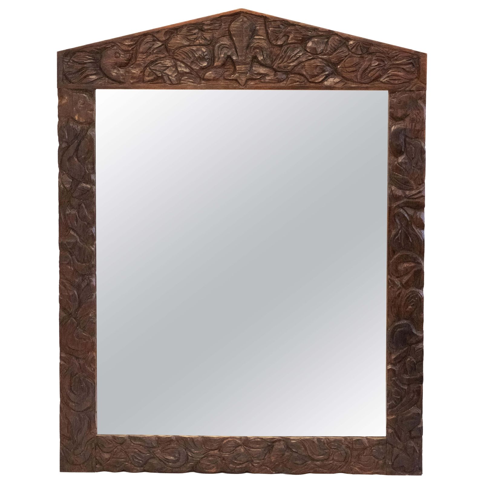 20th Century Large Brown Hand Carved Wooden Mirror With Organic Motif